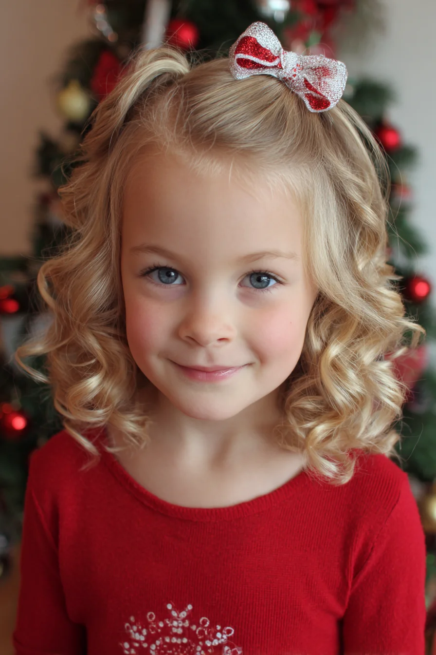 Half‑Up Ringlet Curls with Festive Bow — Short Blonde Bob