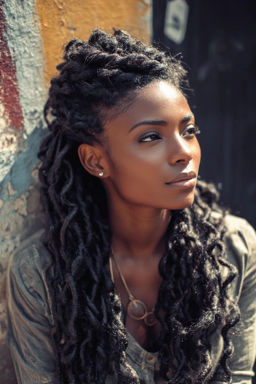 Half‑Up Textured Faux Locs (Goddess Locs) — Long Twisted Crown Style