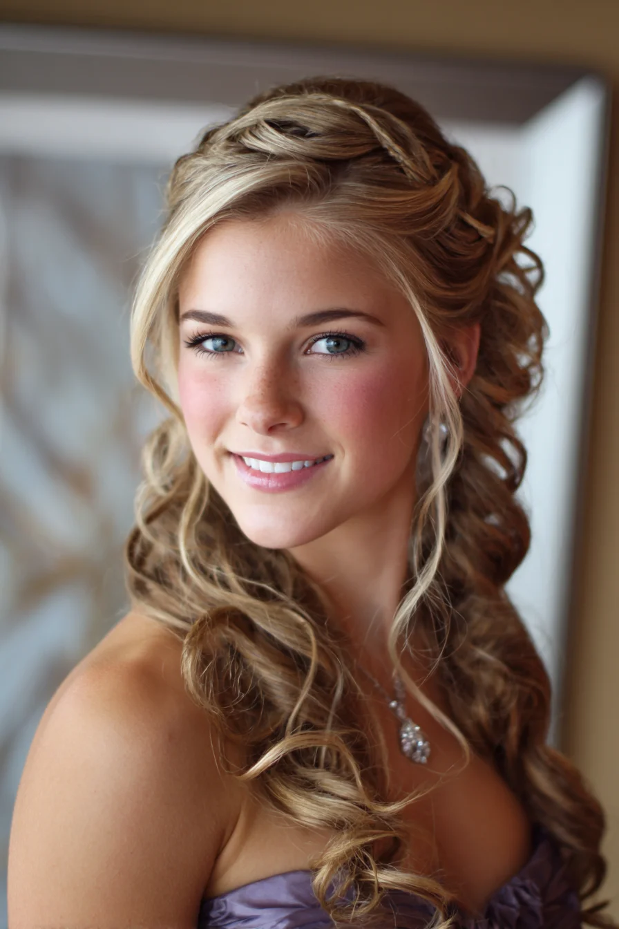 Half-Up Twisted Curls with Face‑Framing Tendrils