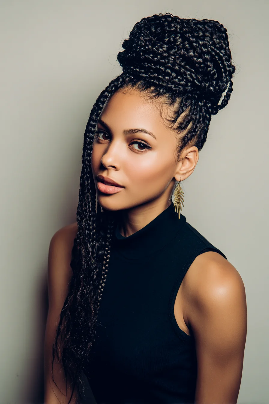 High Box-Braid Bun with Long Side Braid — Protective Style for Curly & Coily Hair