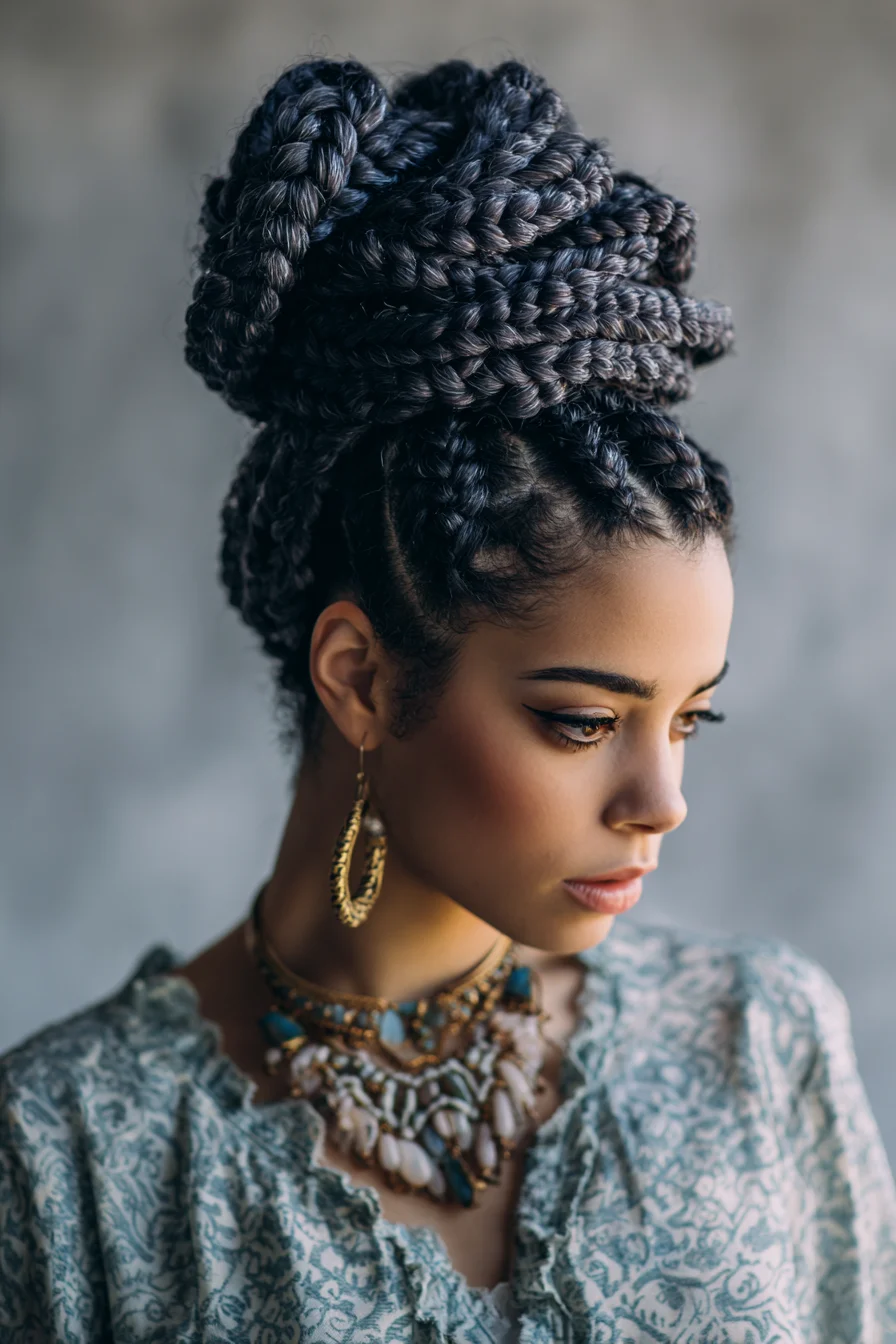 High Braided Topknot — Cornrow Base with Thick Box-Braid Updo
