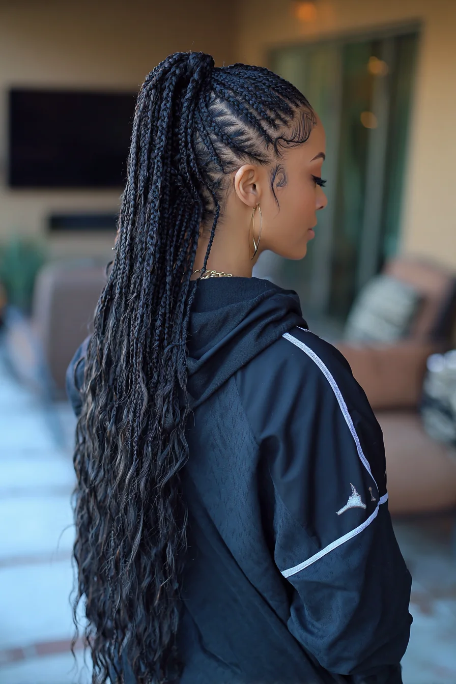 High Feed-In Cornrow Ponytail with Long Wavy Braid Extensions