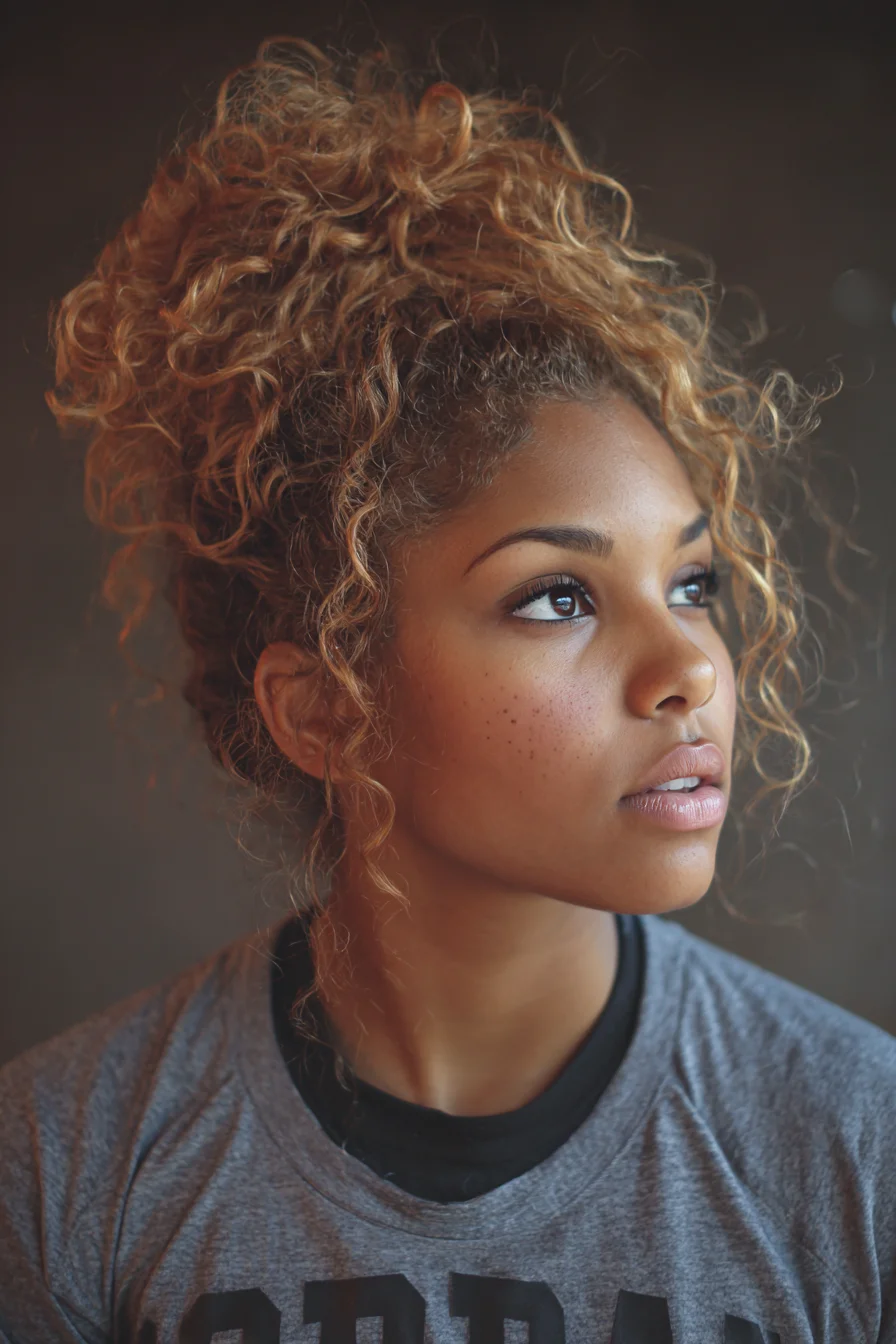 High Messy Curly Bun with Face‑Framing Tendrils — Natural Curly Updo