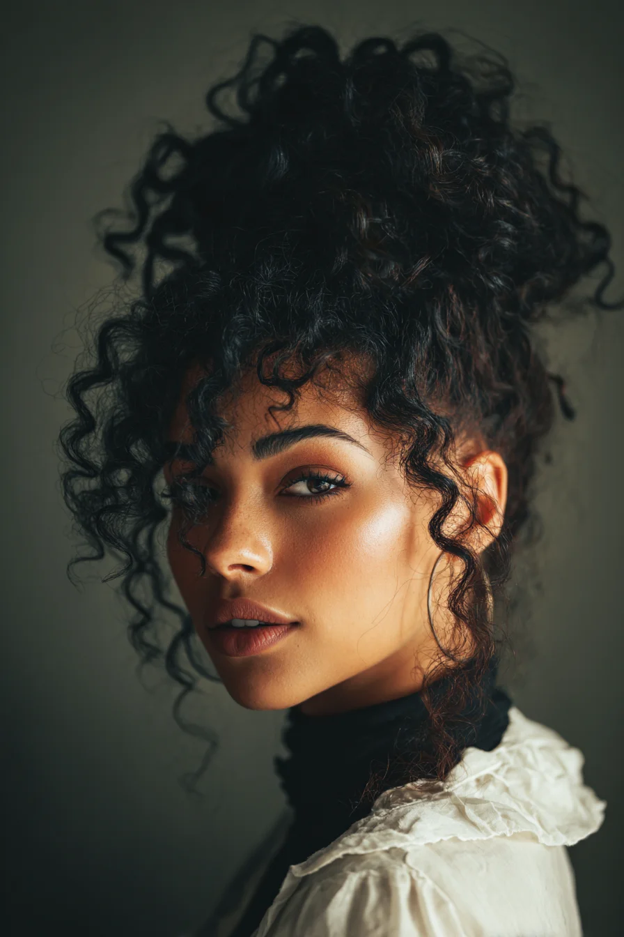 High Voluminous Curly Bun with Face‑Framing Tendrils