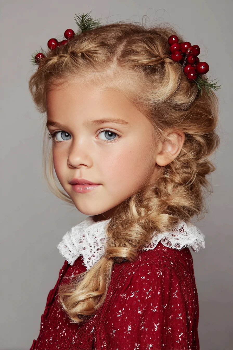 Holiday Twisted Crown to Loose Side Braid with Decorative Berries