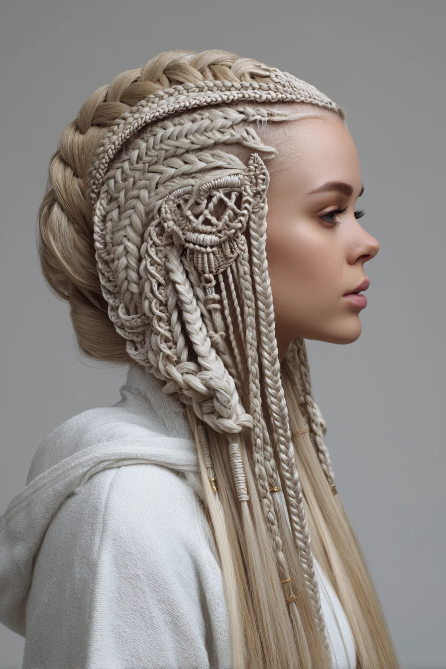 Intricate Platinum Halo Braids with Micro Braids and Macramé Detail
