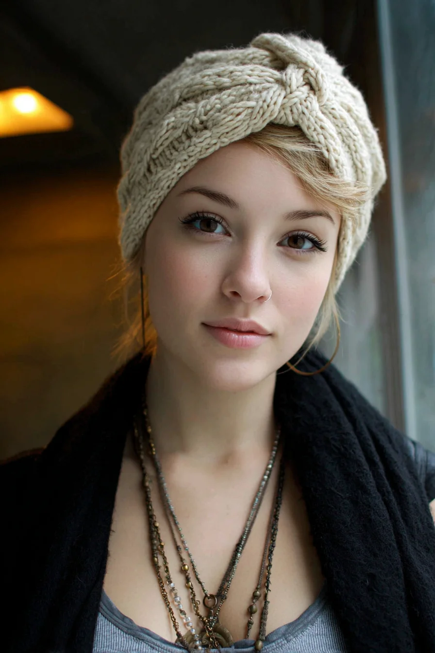 Knitted Turban Headband with Short Pixie Face‑Framing Bangs