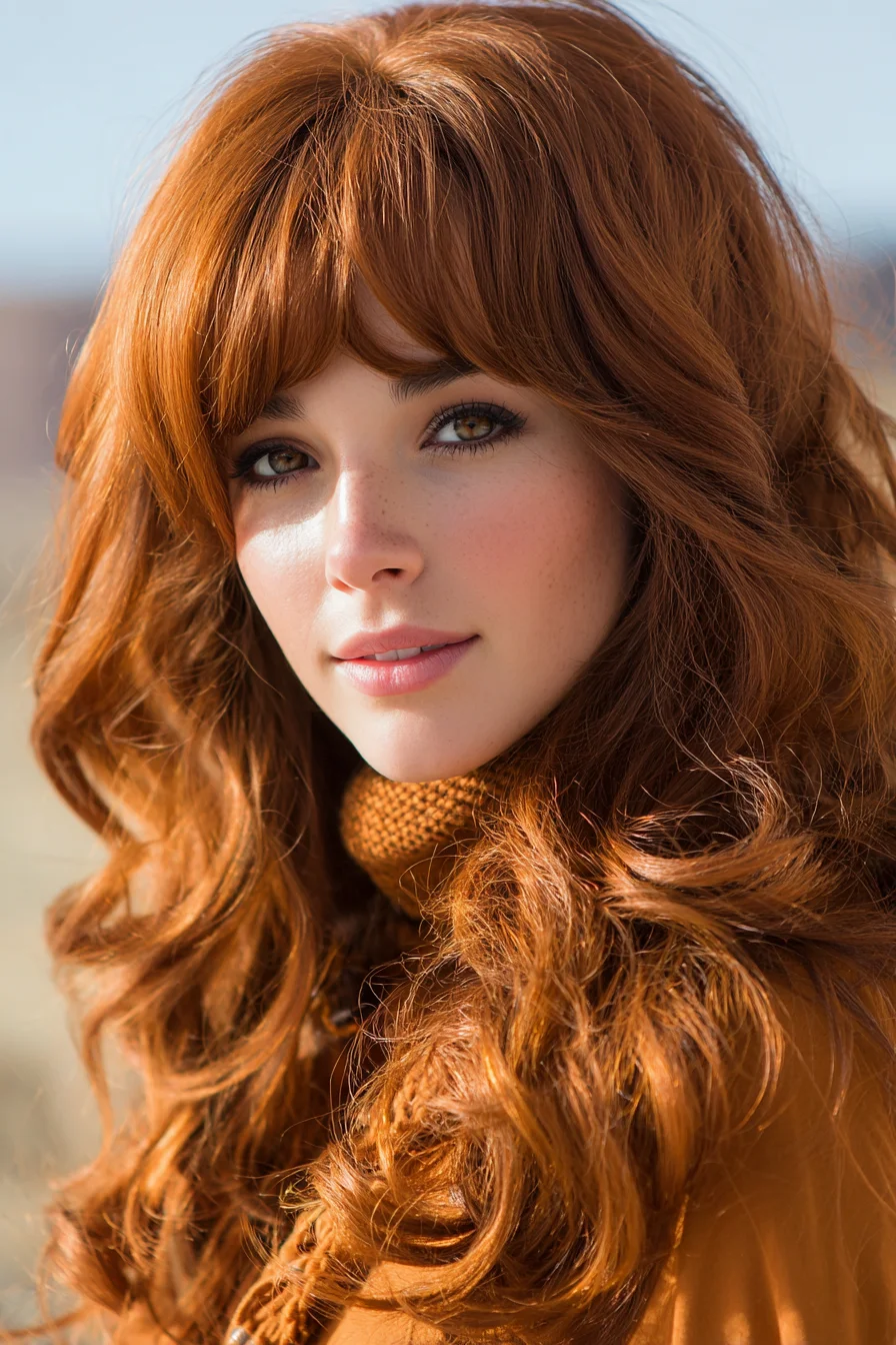 Long Auburn/Copper Waves with Soft Full Fringe and Voluminous Layers