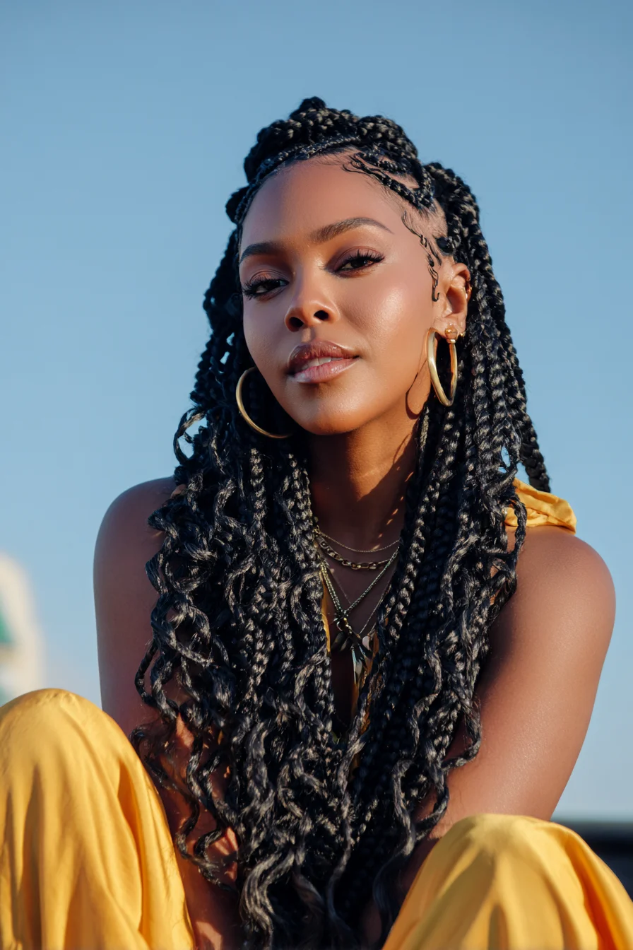 Long Box Braids with Curly Ends and Laid Baby Hairs