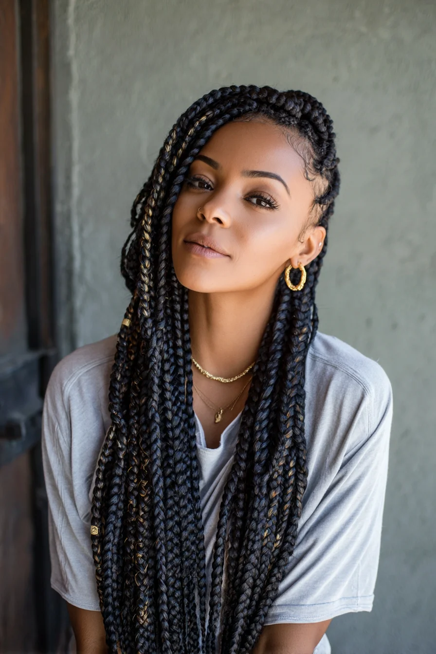 Long Box Braids with Feed-In Cornrows and Subtle Gold Highlights