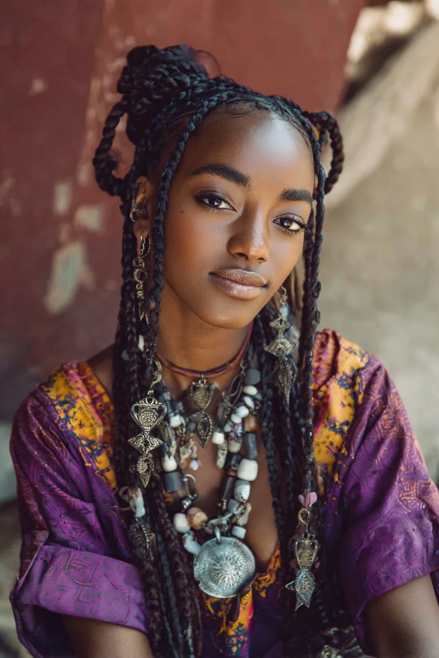 Long Box Braids with Half‑Up Top Bun and Face‑Framing Braids