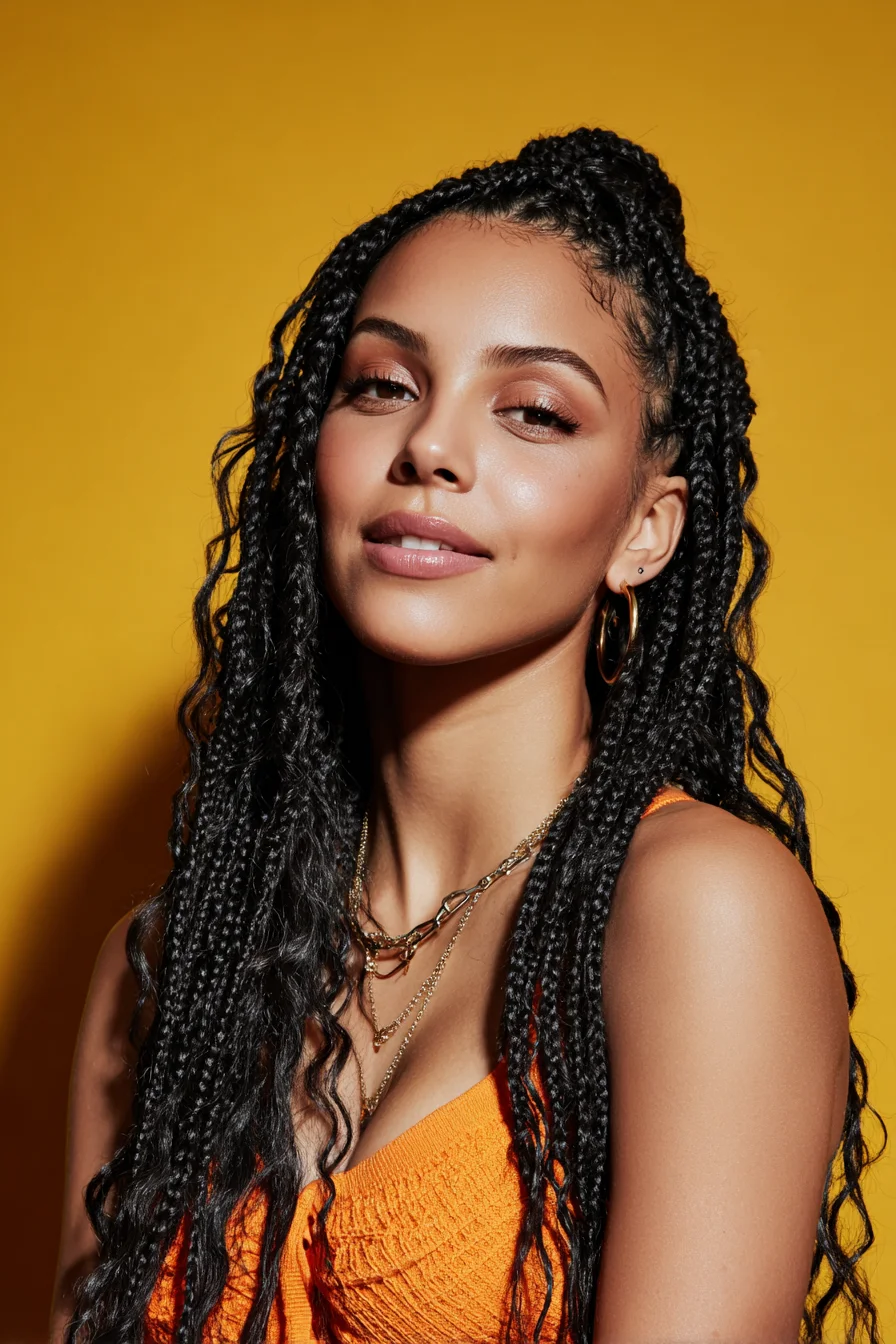 Long Box Braids with Half-Up Top Knot and Loose Wavy Ends