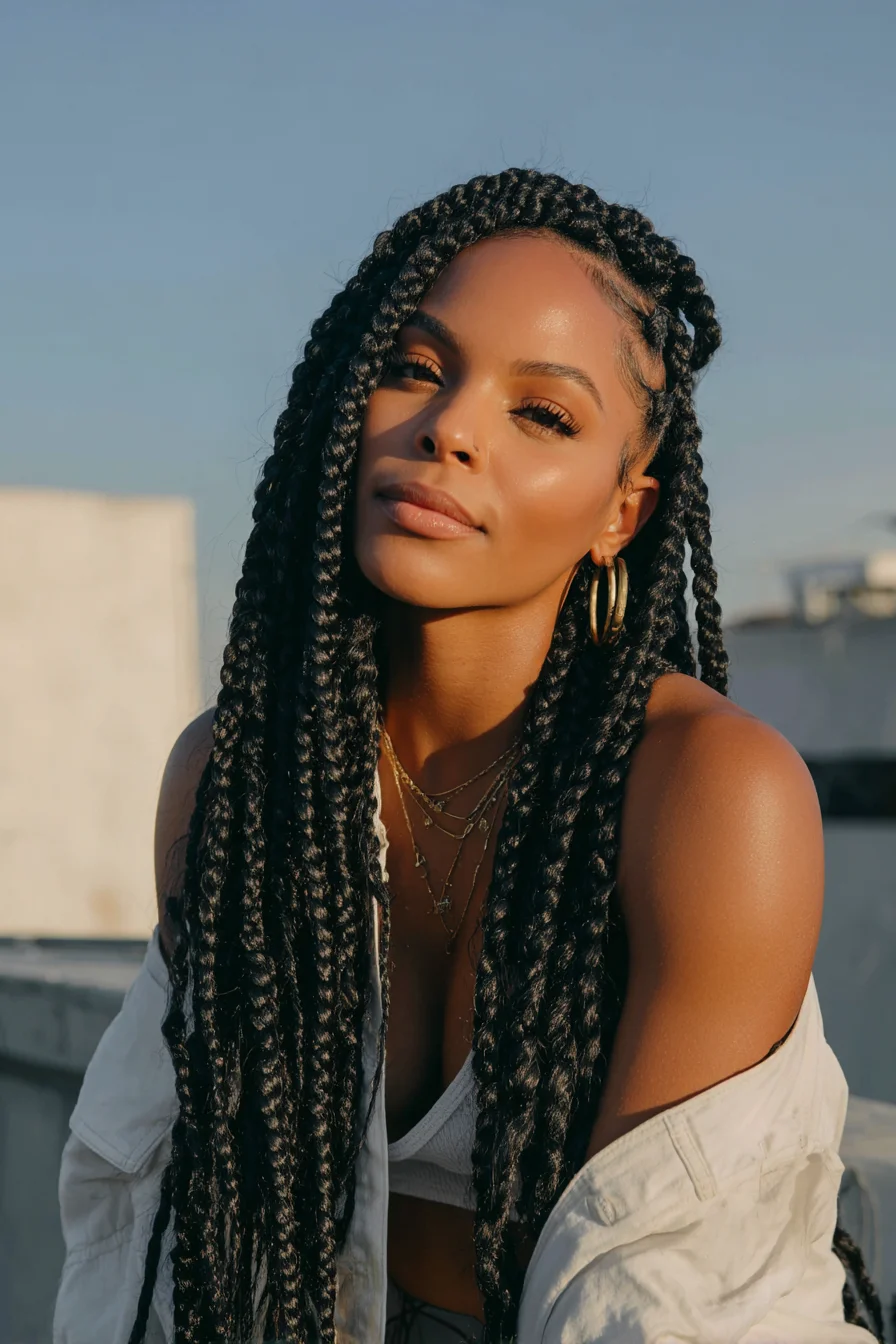 Long Chunky Box Braids with Sleek Side Cornrows