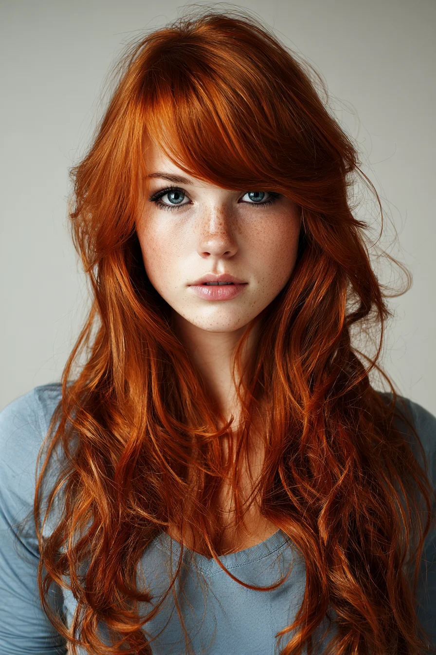 Long Copper Layers with Side-Swept Bangs and Soft Beach Waves