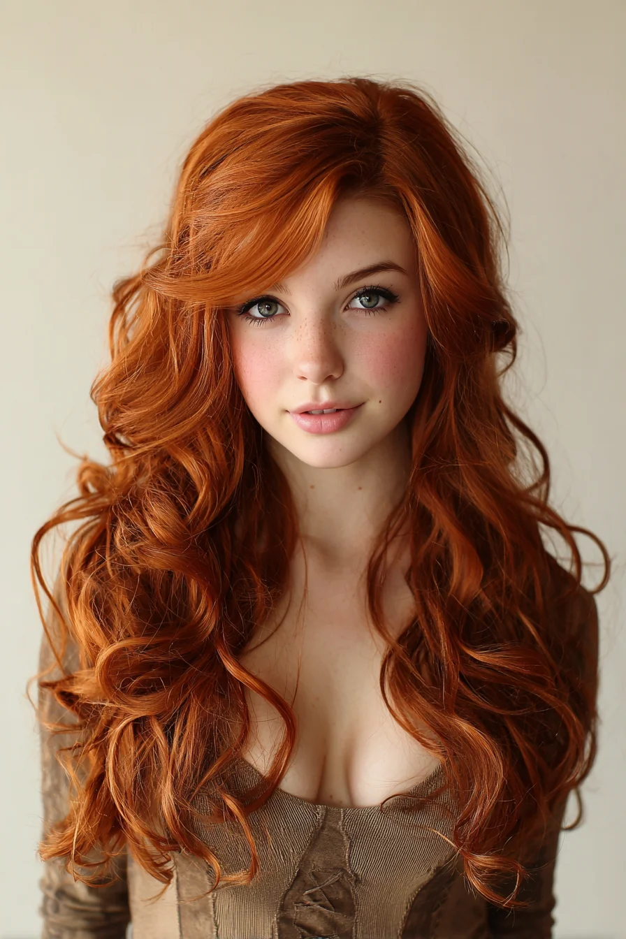 Long Copper Loose Waves with Side-Swept Fringe