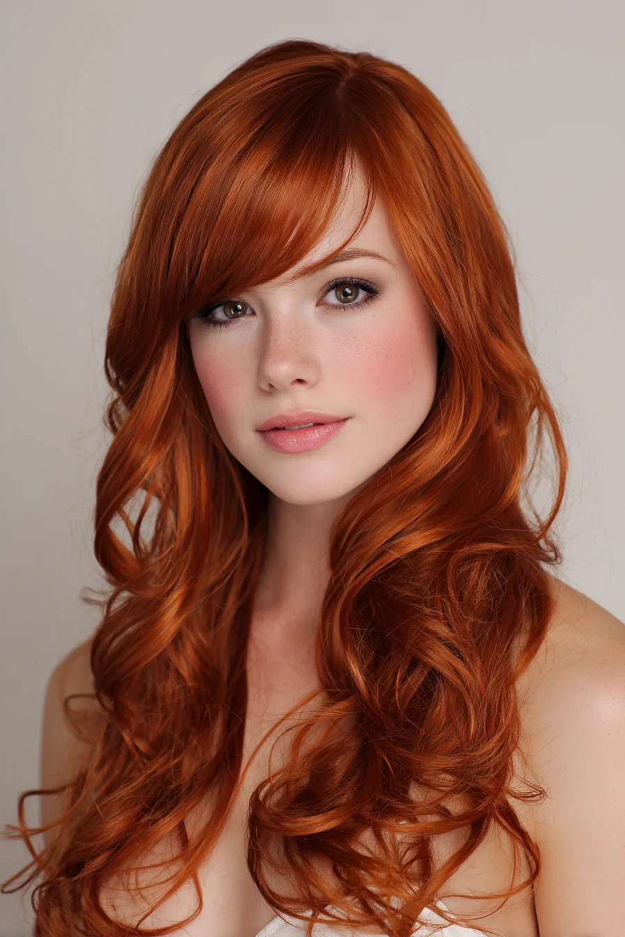 Long Copper Red Layered Waves with Side‑Swept Fringe