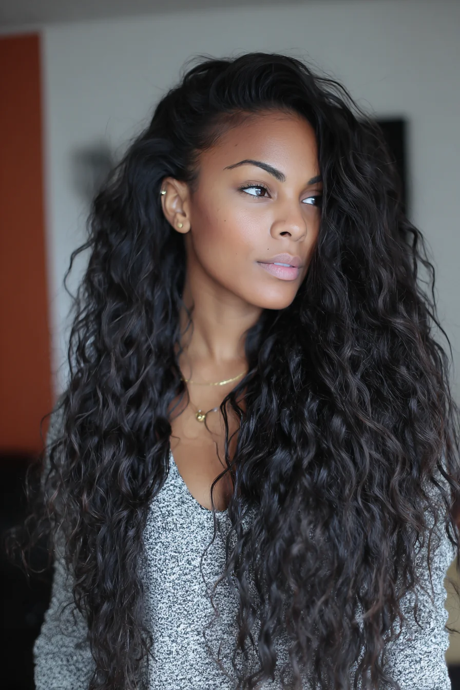 Long Deep-Wave Curls with Voluminous Side Part — Natural Wavy/Curly Texture