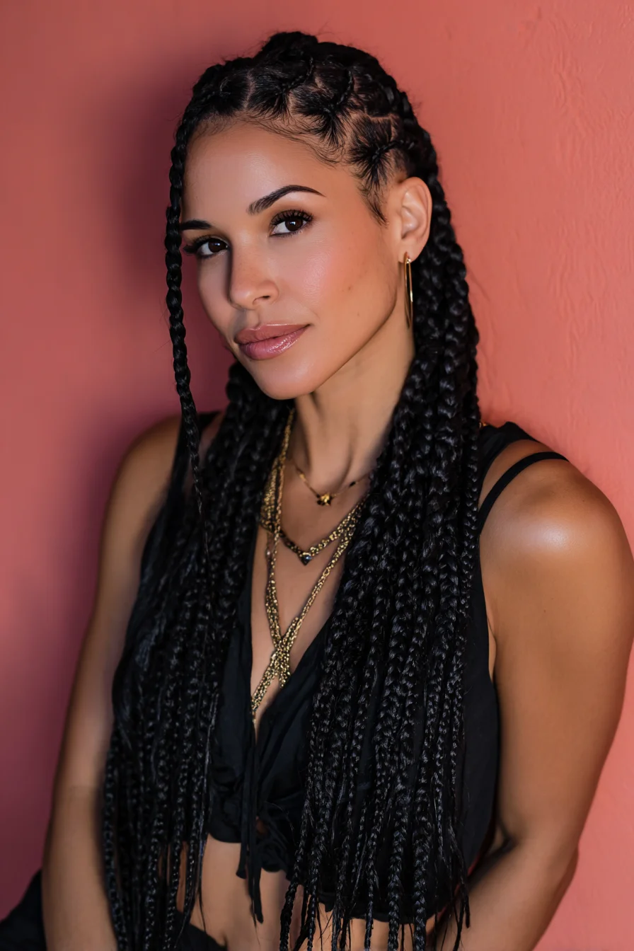 Long Feed‑In Box Braids with Clean Cornrow Parting