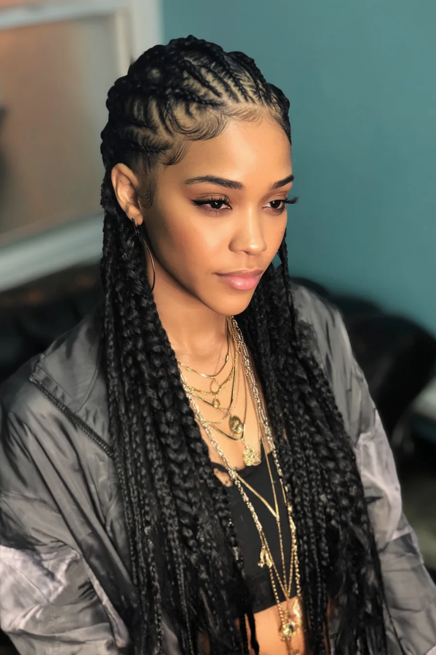 Long Feed-In Box Braids with Cornrowed Scalp and Styled Baby Hairs
