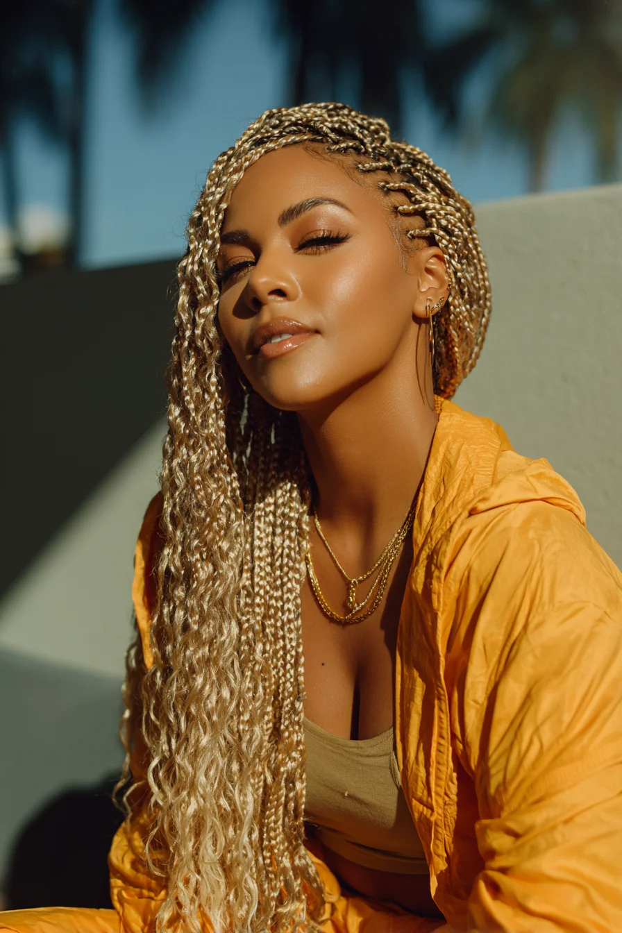 Long Honey Blonde Micro Box Braids with Wavy Ends