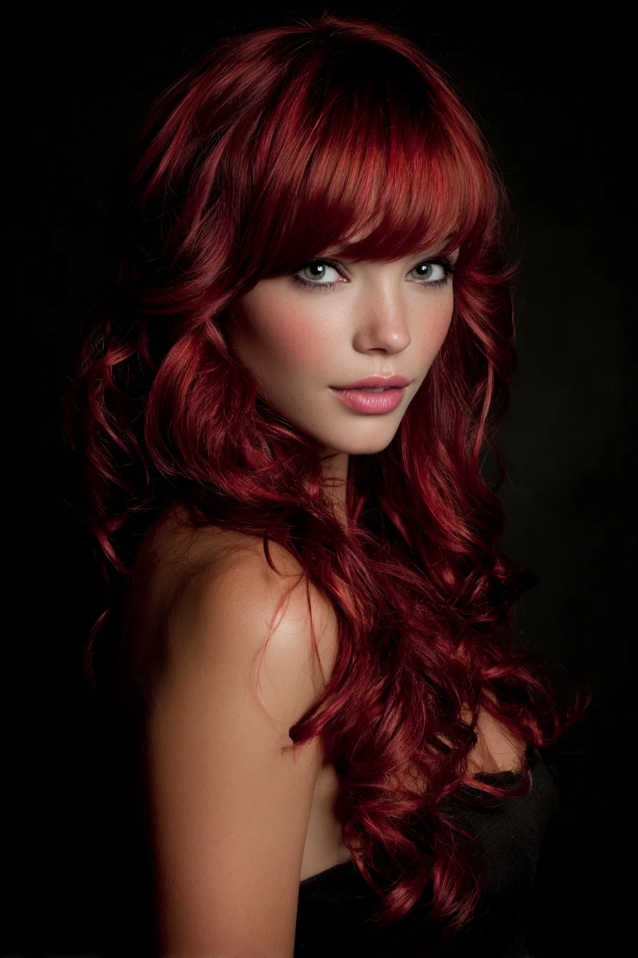 Long Layered Burgundy Waves with Soft Curtain Bangs