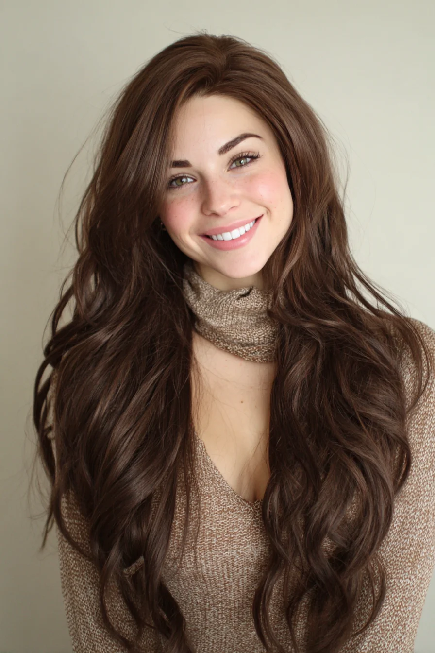 Long Layered Chocolate Brown Waves with Face-Framing Layers