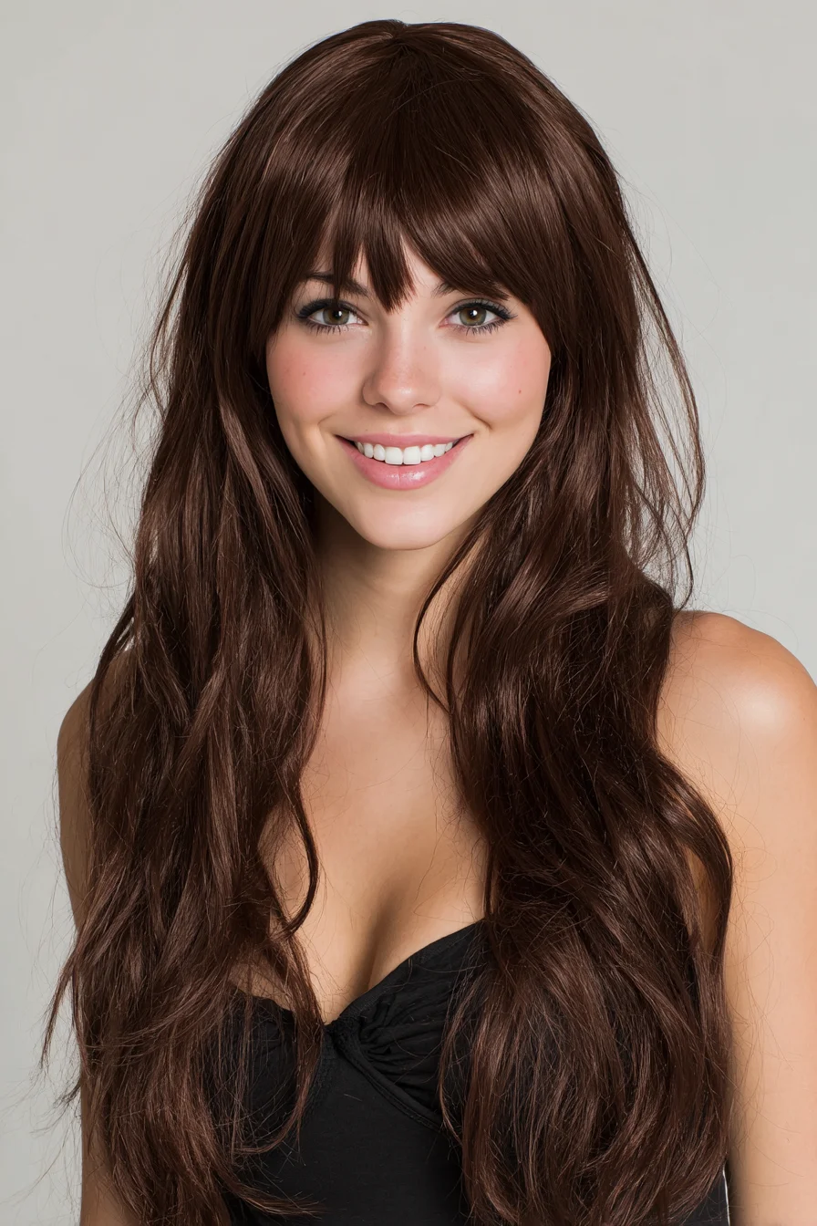Long Layered Chocolate Brown with Soft Waves and Curtain Bangs