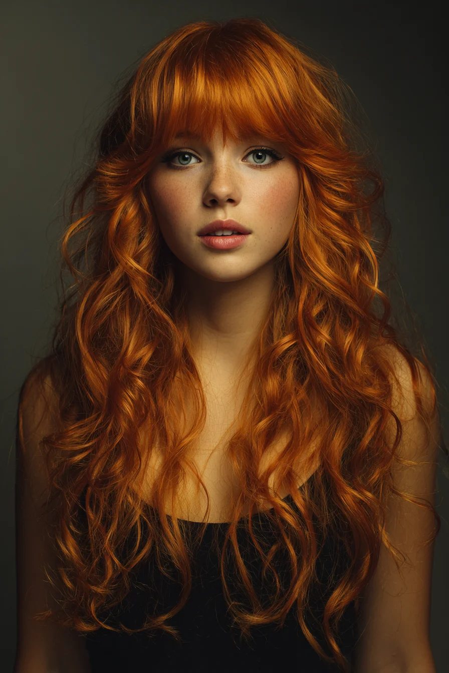 Long Layered Copper Waves with Curtain Fringe — Textured Beachy Styling