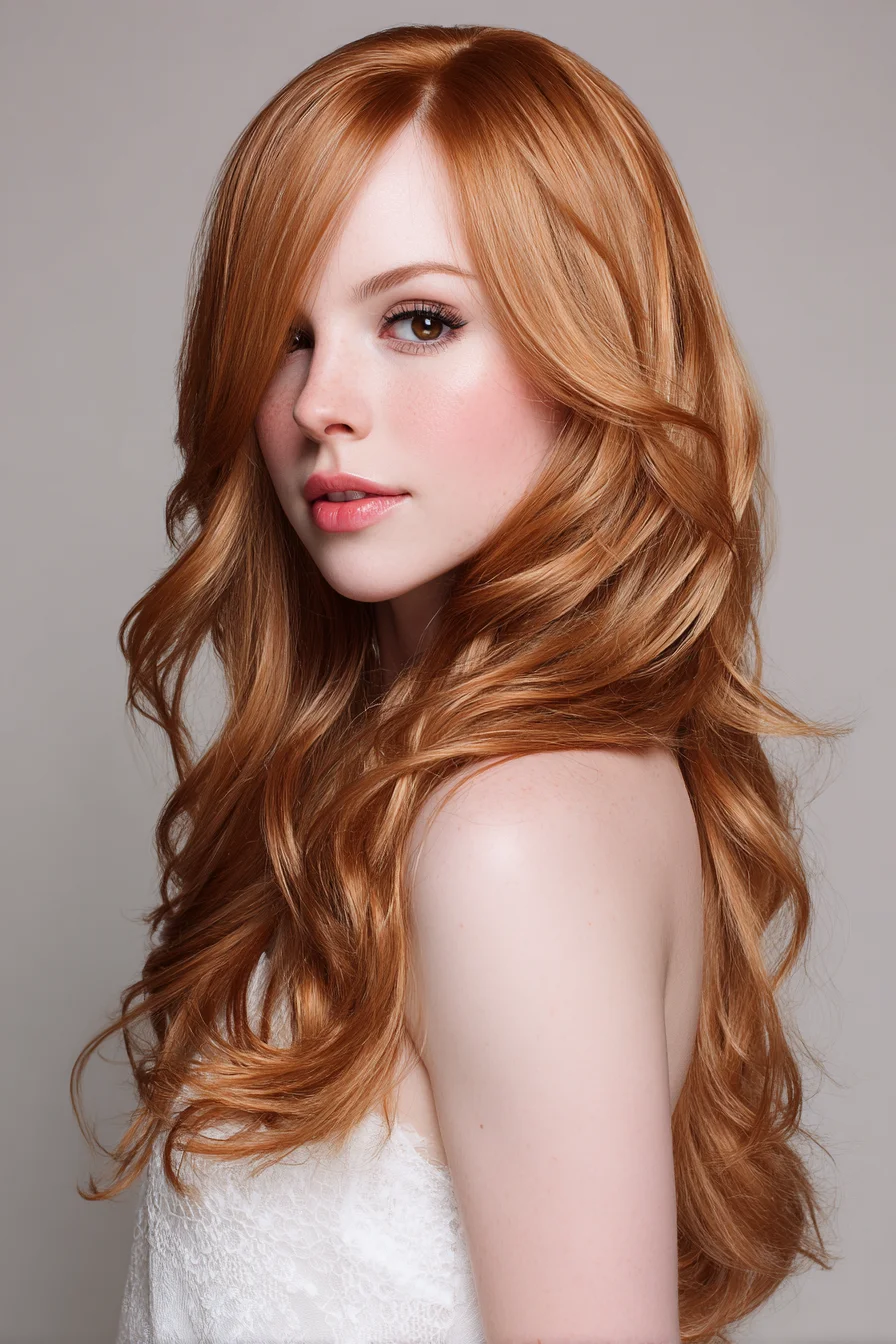 Long Layered Copper Waves with Face‑Framing Curtain Bangs