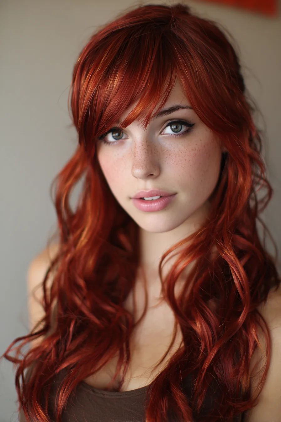 Long Layered Copper Waves with Side-Swept Bangs
