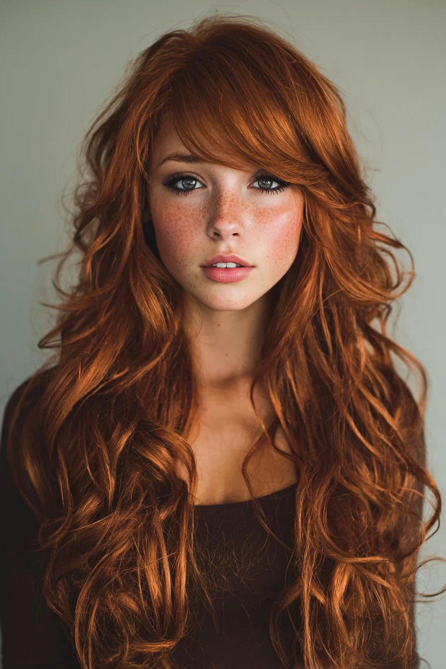 Long Layered Copper Waves with Side‑Swept Bangs
