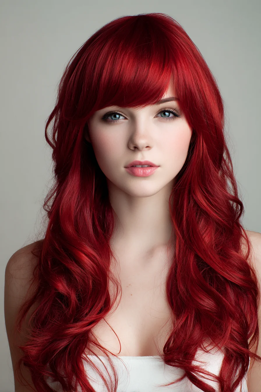Long Layered Crimson Waves with Side-Swept Curtain Bangs