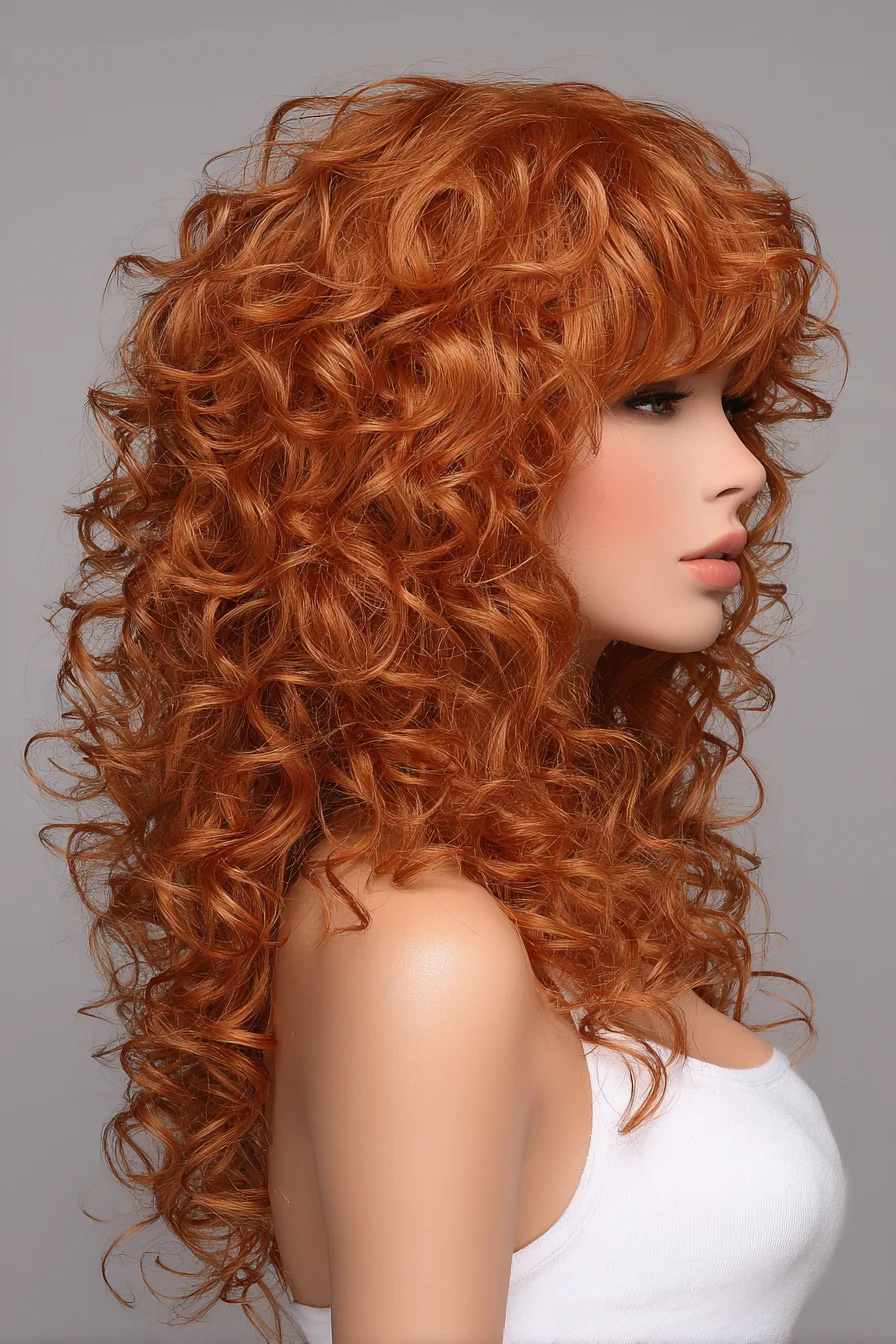 Long Layered Curly Cut with Shaggy Fringe — Copper Red Texture
