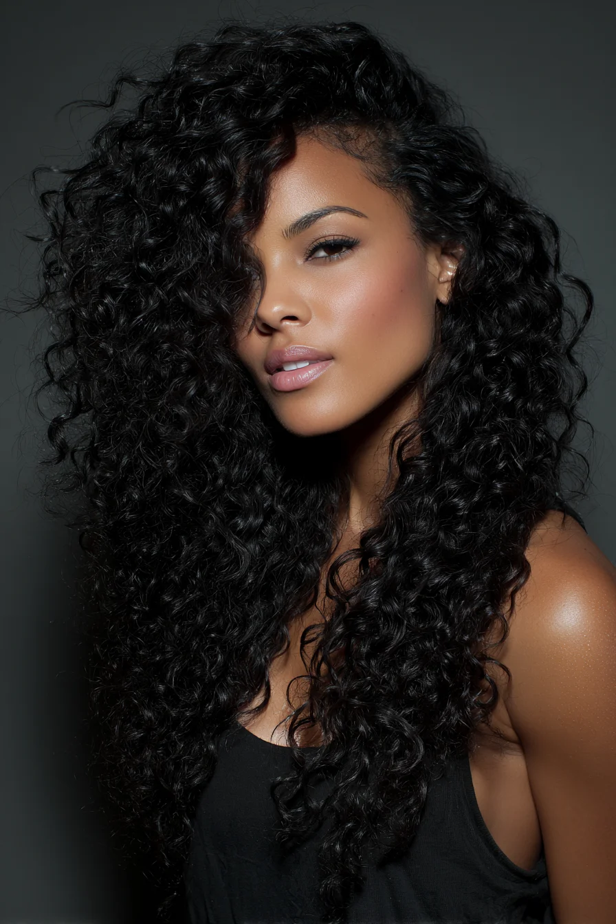 Long Layered Curly Hair with Deep Side Part and Defined Curls