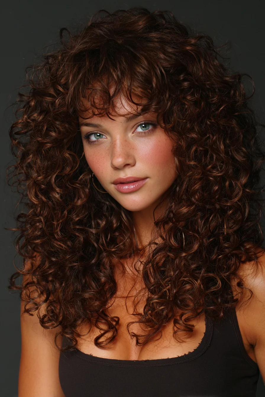 Long Layered Curly Hair with Wispy Curtain Bangs