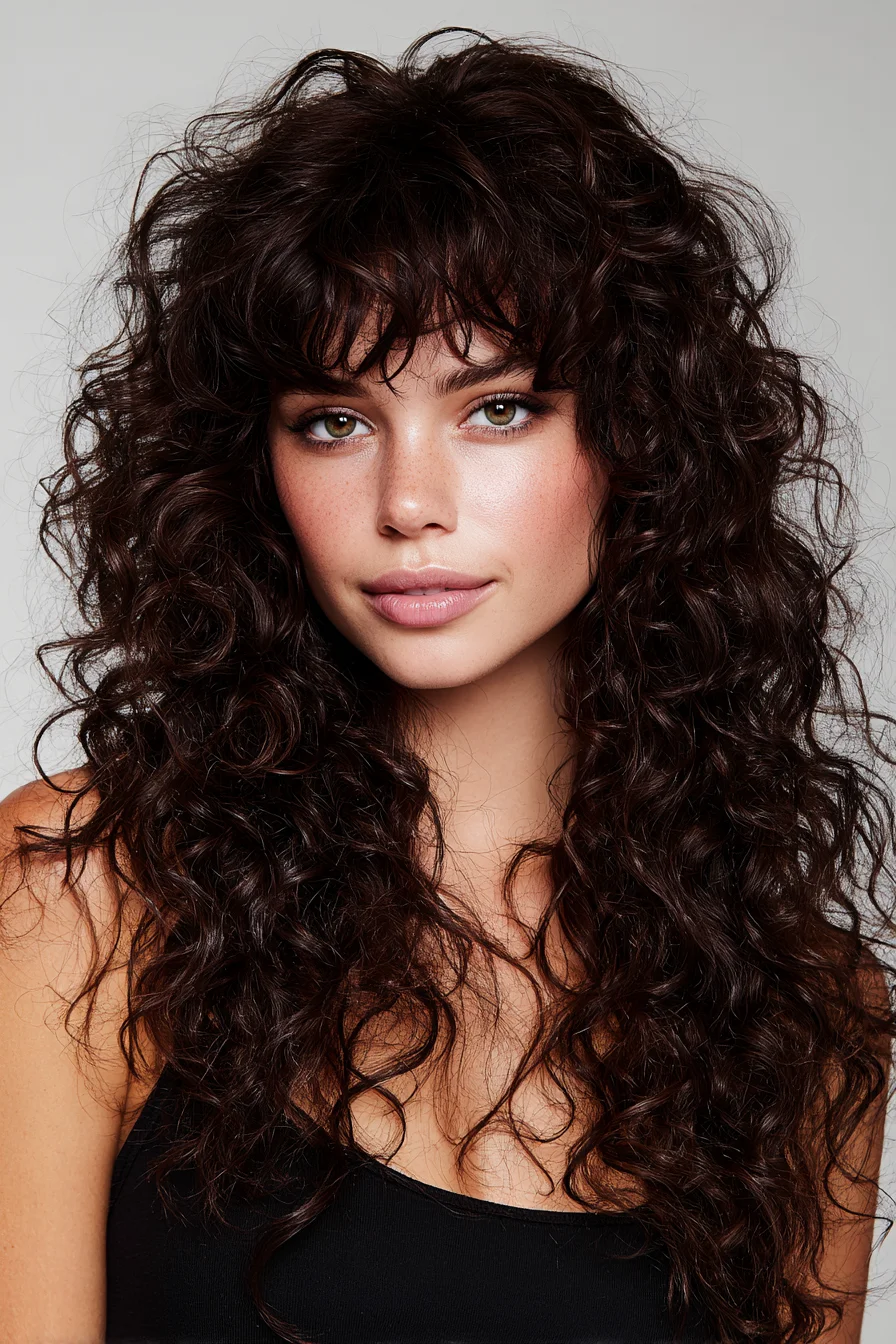 Long Layered Curly Hairstyle with Textured Curtain Bangs