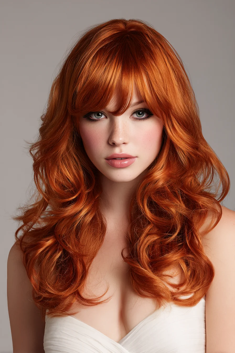 Long Layered Cut with Curtain Bangs and Soft Voluminous Waves (Copper Red)