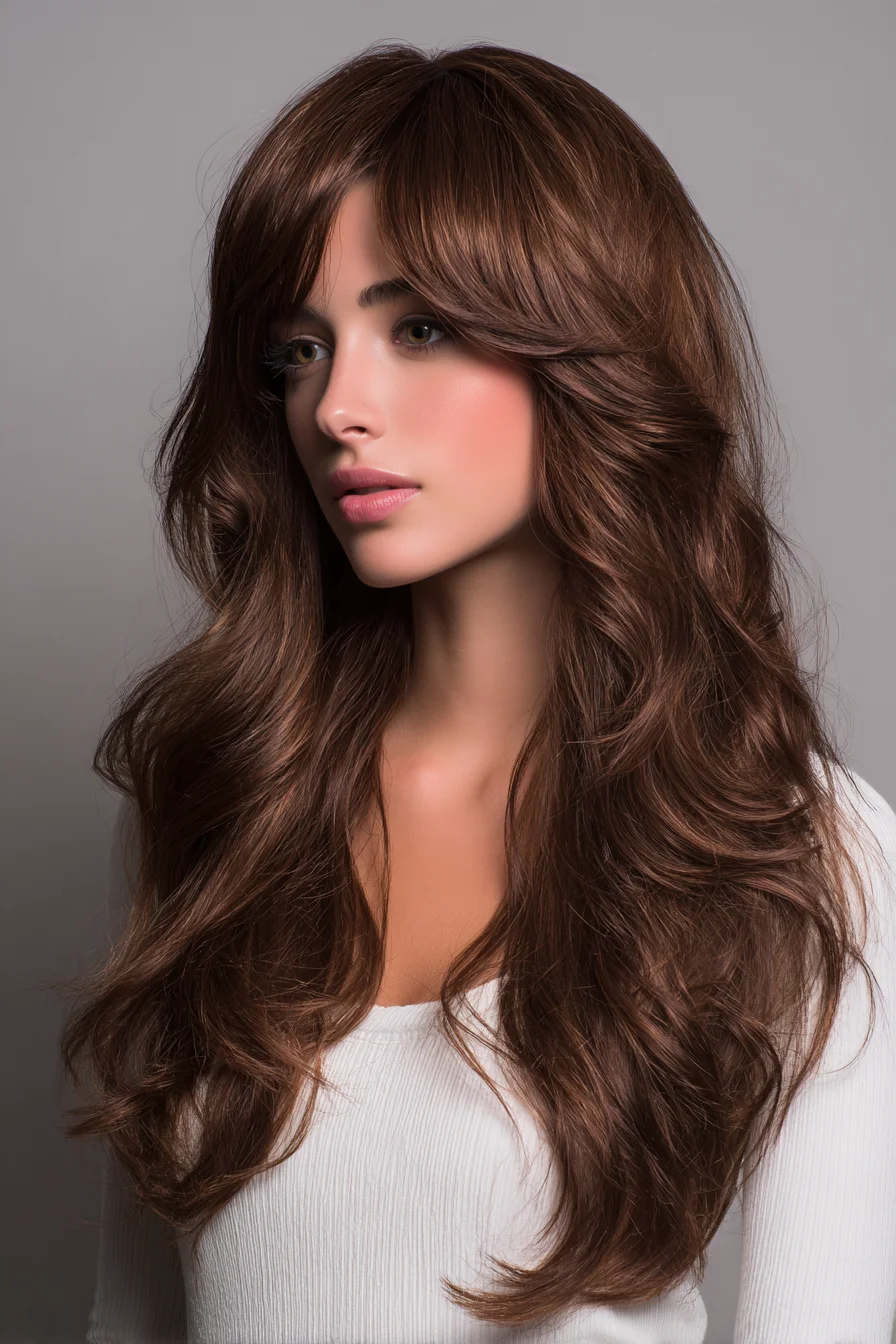 Long Layered Cut with Curtain Bangs and Soft Waves