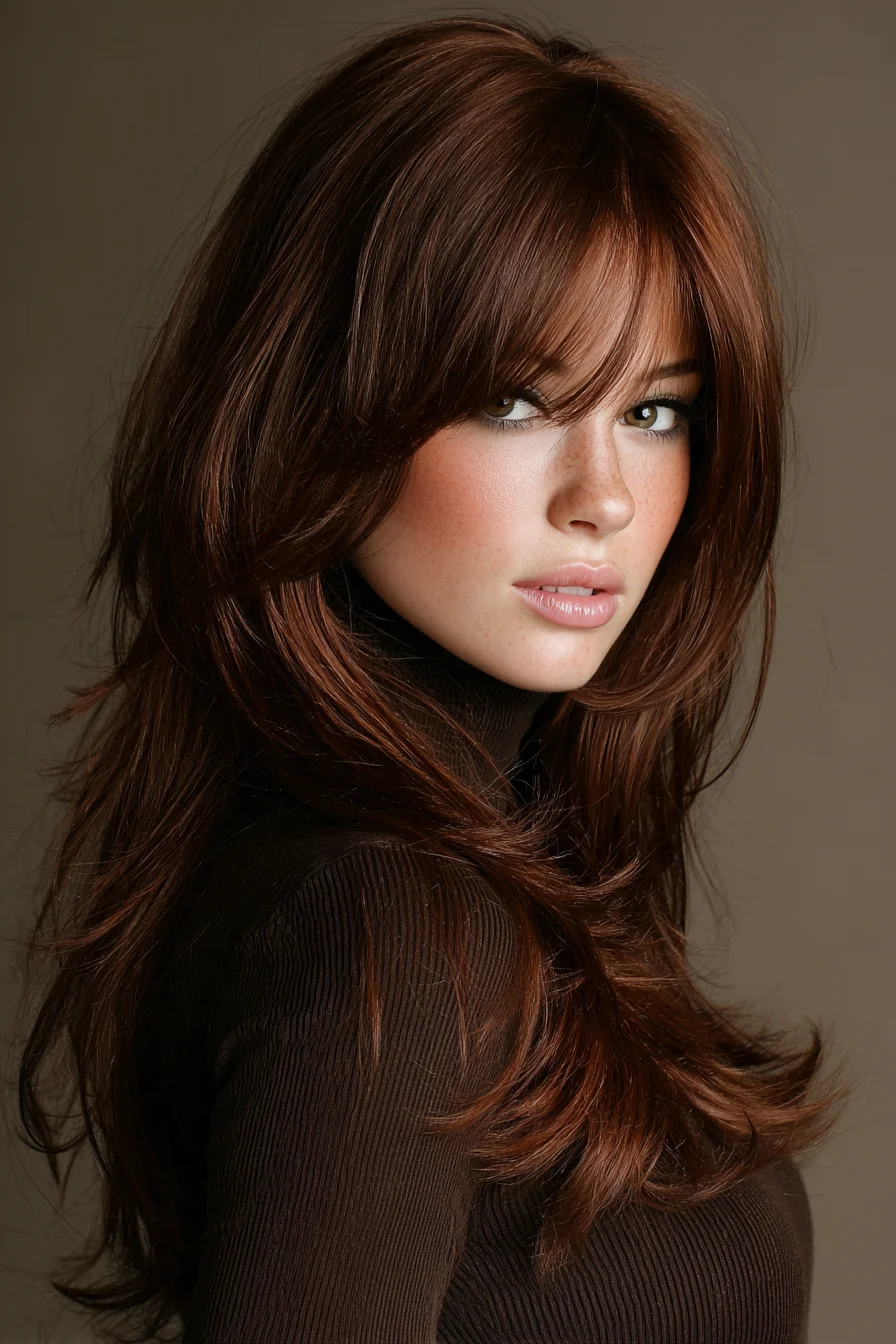 Long Layered Cut with Face‑Framing Curtain Bangs and Feathered Ends