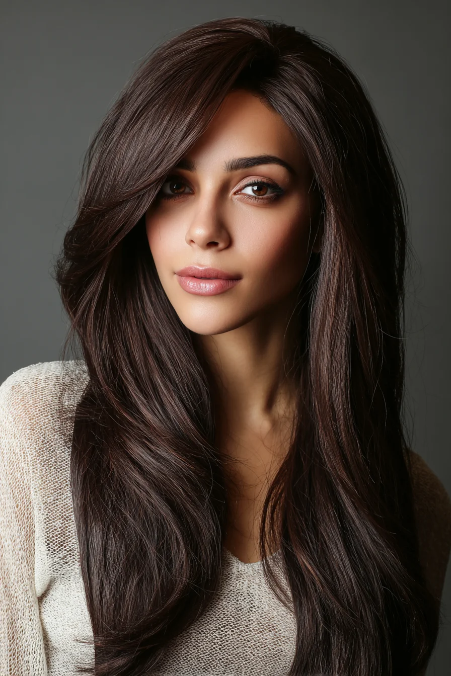 Long Layered Cut with Face-Framing Curtain Bangs