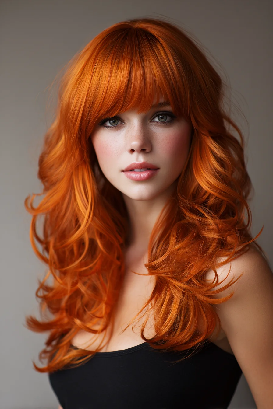 Long Layered Cut with Full Bangs and Voluminous Copper Waves