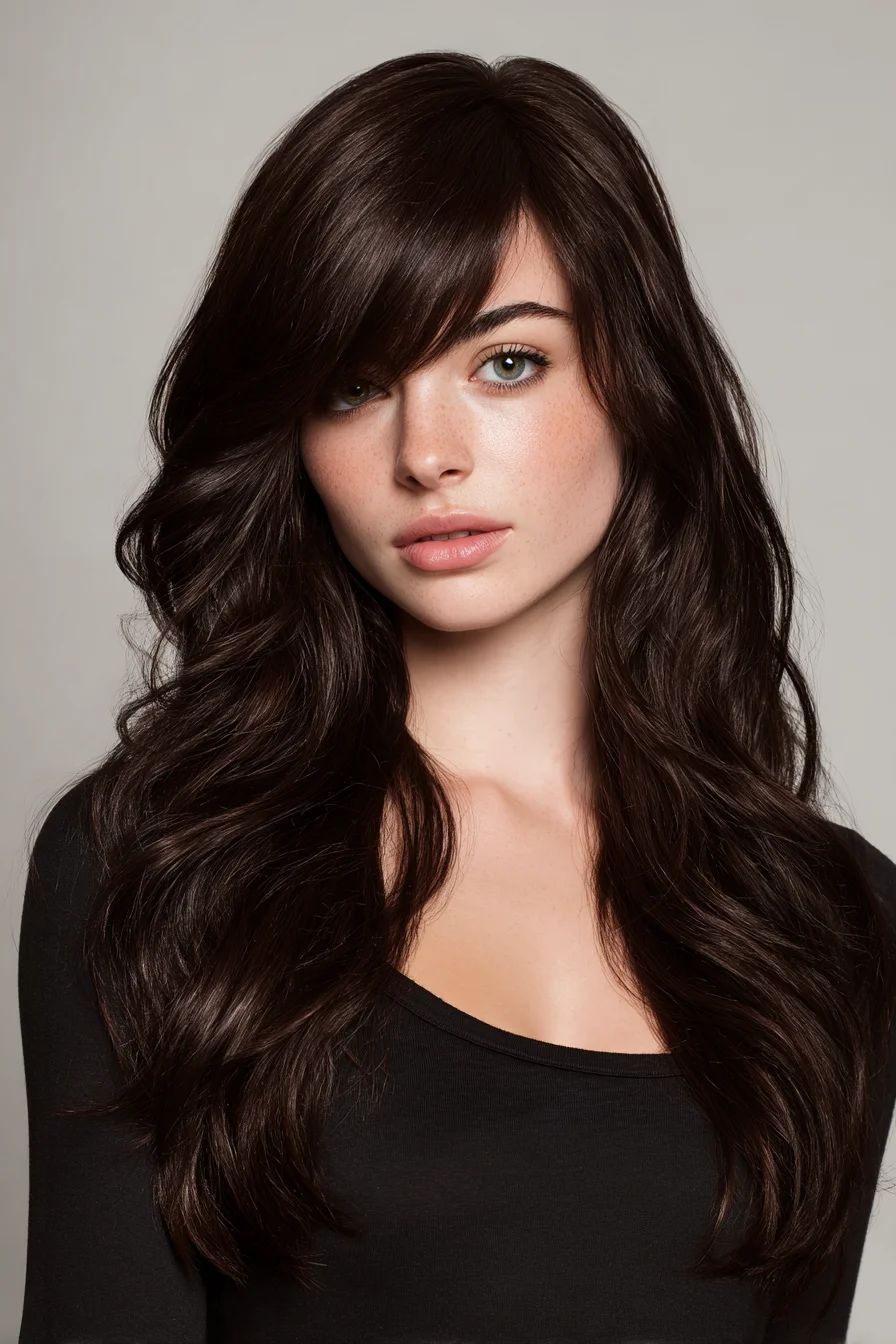 Long Layered Cut with Side‑Swept Bangs and Soft Waves
