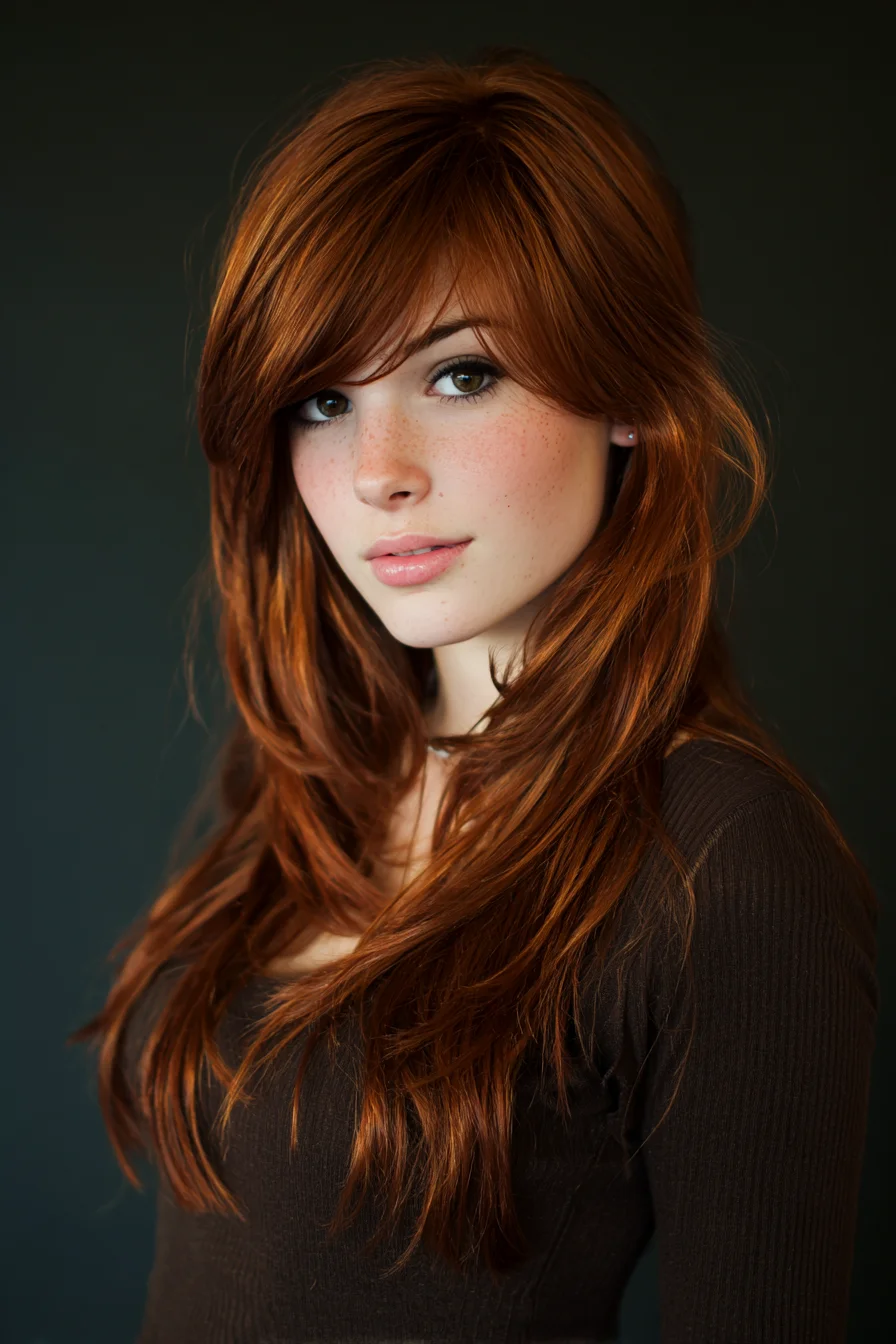 Long Layered Cut with Side‑Swept Bangs — Soft Red Textured Style
