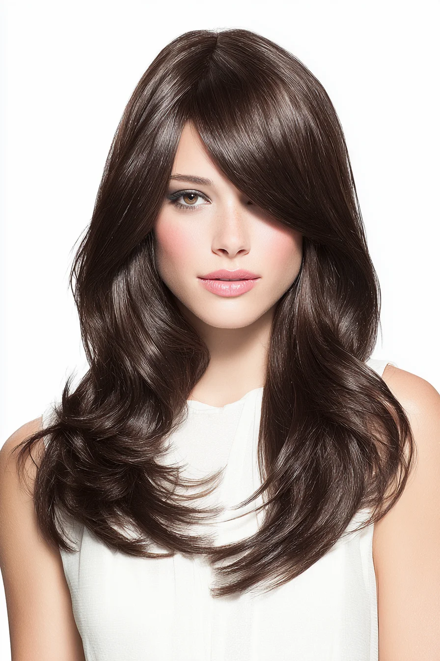 Long Layered Cut with Side-Swept Fringe and Feathered Ends