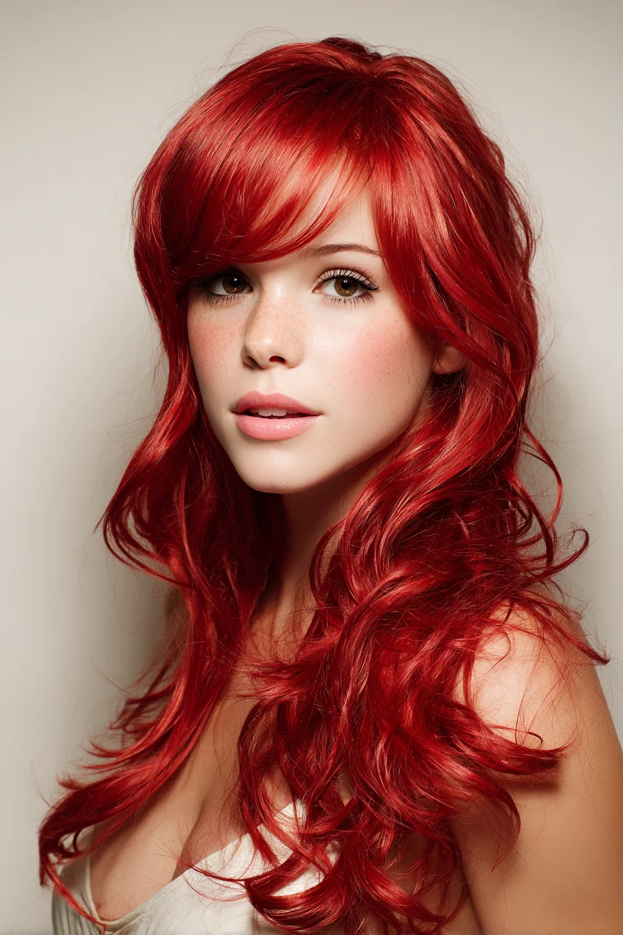 Long Layered Cut with Side-Swept Fringe and Loose Red Waves