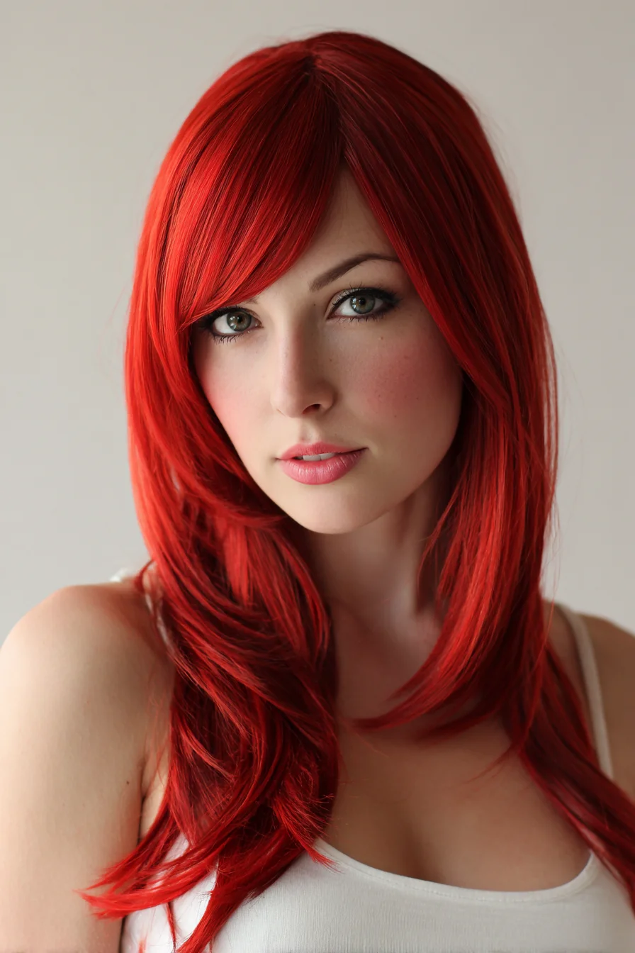 Long Layered Cut with Side-Swept Fringe in Vibrant Red