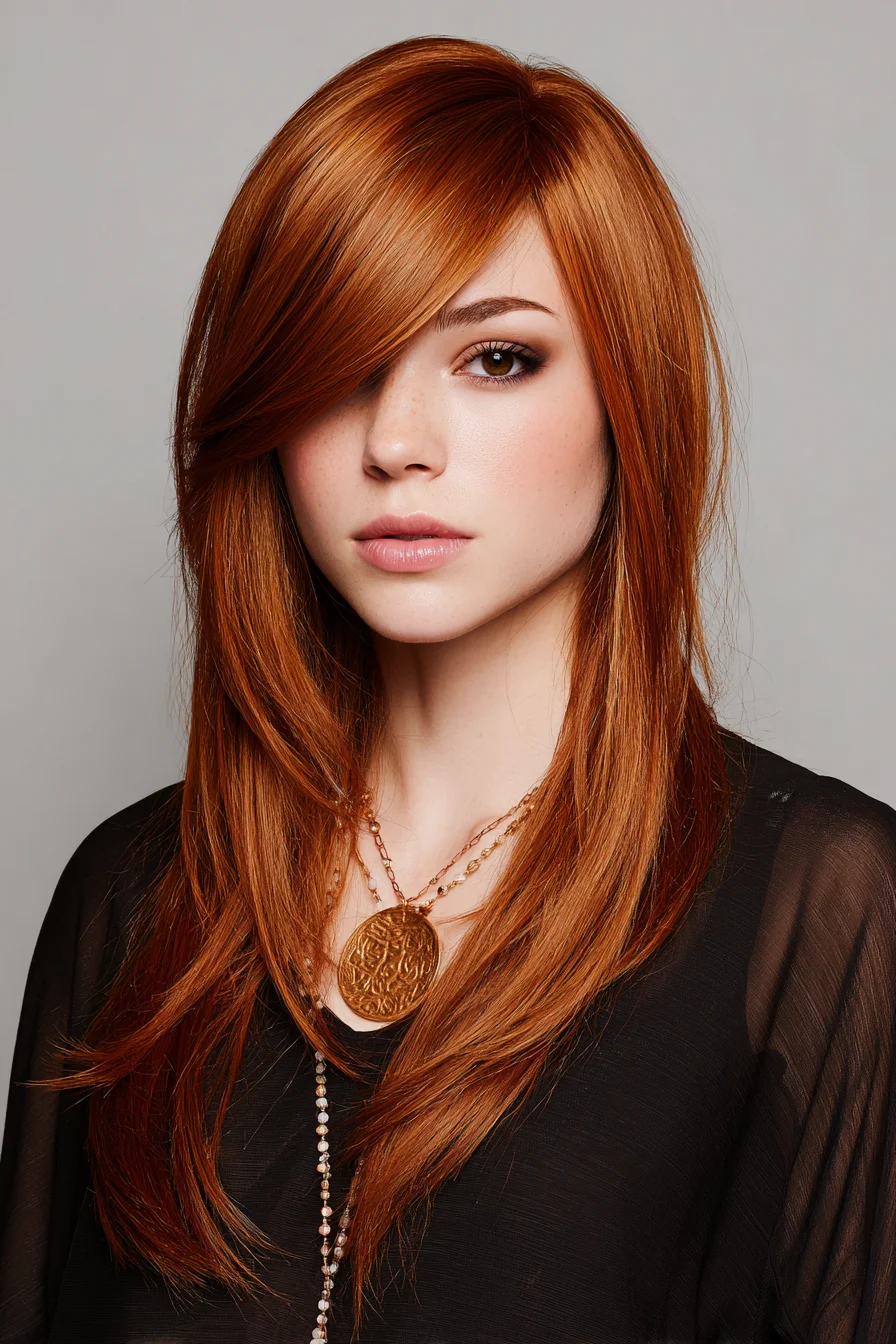 Long Layered Cut with Side-Swept Fringe — Sleek Copper Red