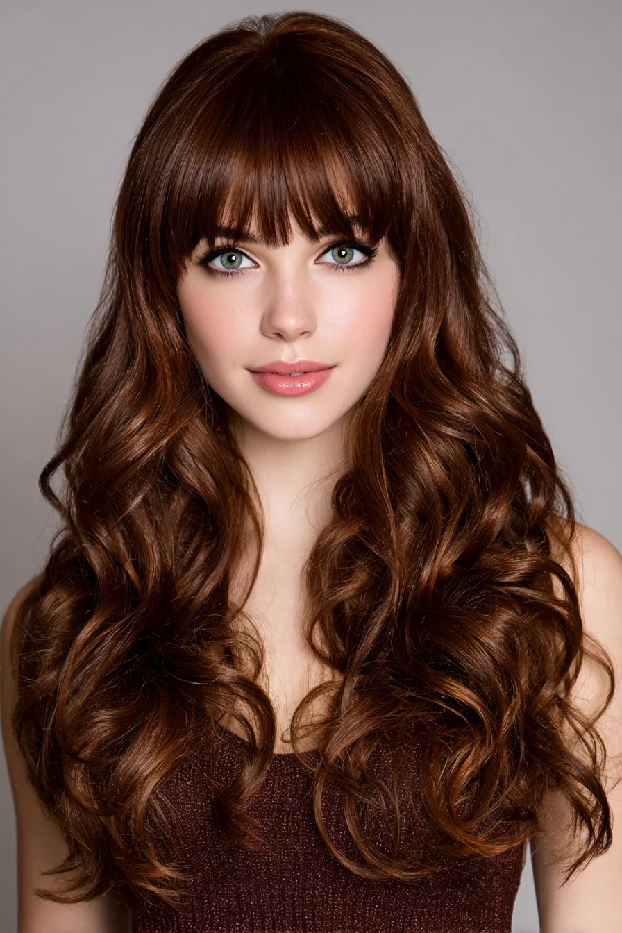 Long Layered Loose Waves with Full Fringe — Soft Face‑Framing Bangs