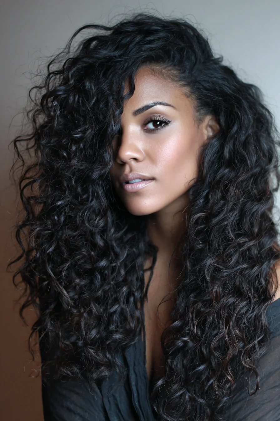 Long Layered Natural Curls — Voluminous Side‑Part Curly Hair Style
