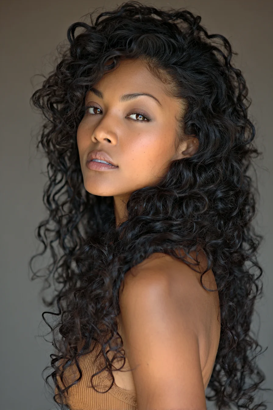 Long Layered Natural Curls with Deep Side Part